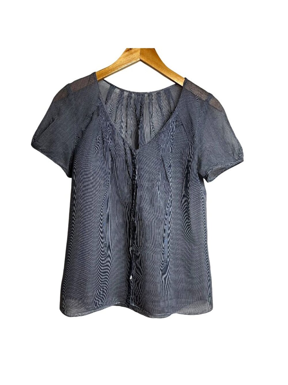 NEW MAN Navy White Striped Semi Sheer Pintuck Button Front Blouse Short Sleeve M